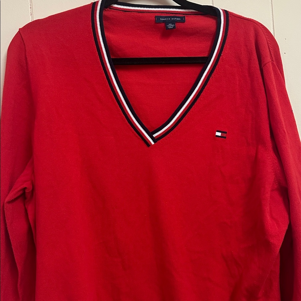Tommy Hilfiger Red V-Neck Sweater with Black & White Trim